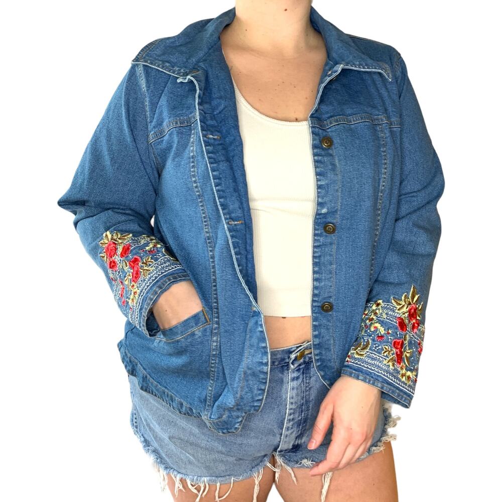 Vintage Denim & Co Floral Embroidered Garden Cottage Jean Jacket Size 1x